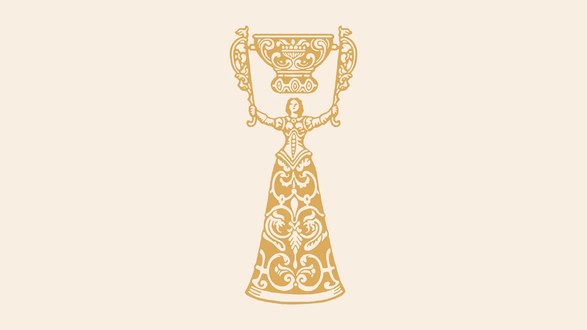 Ochre line illustration of Warwick’s decorative cup motif on a cream ground
