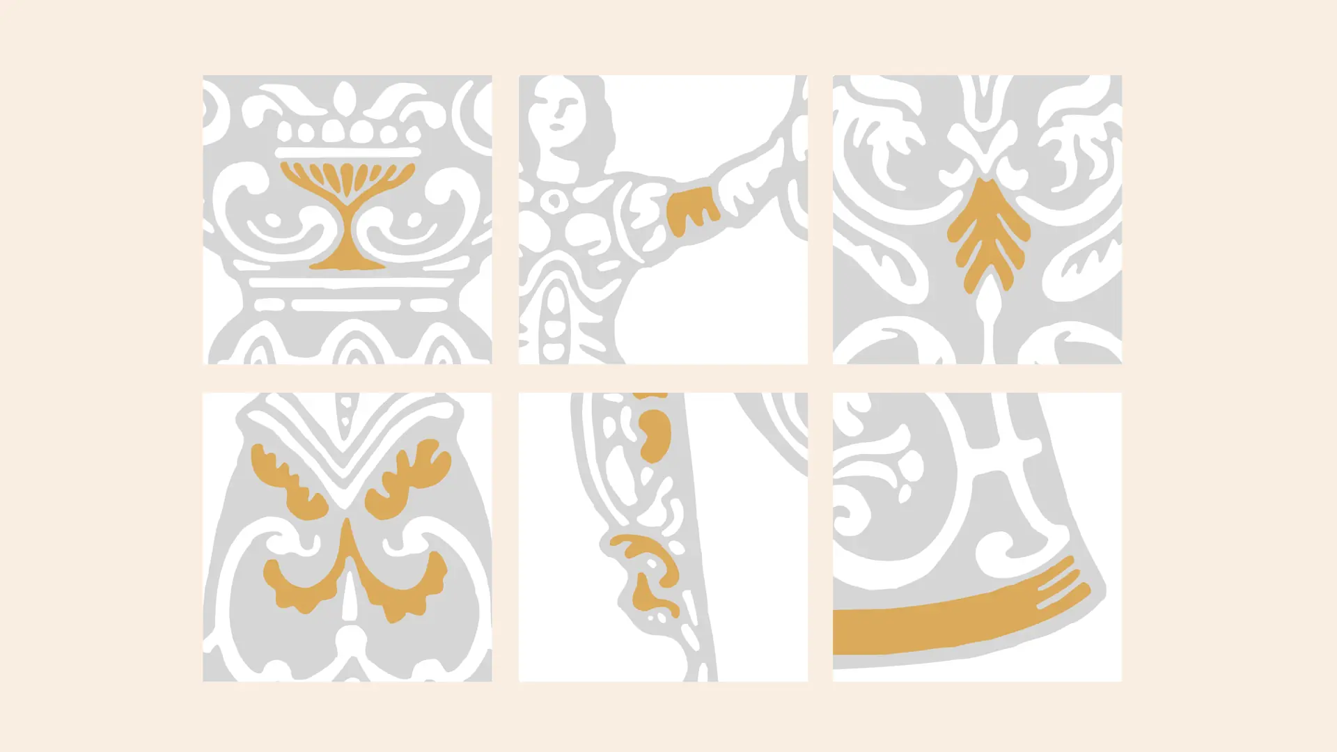 Six close-up panels showing the Warwick motif deconstructed into individual hand-drawn shapes