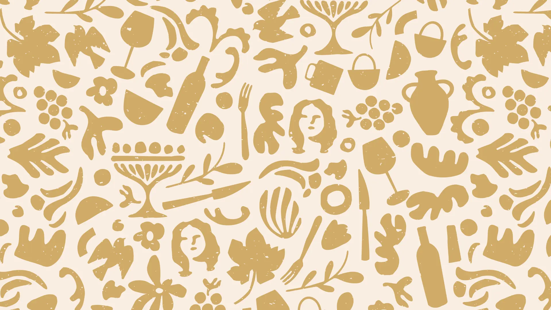 All-over cream and ochre pattern of vessels, plants, faces, flowers and craft tools