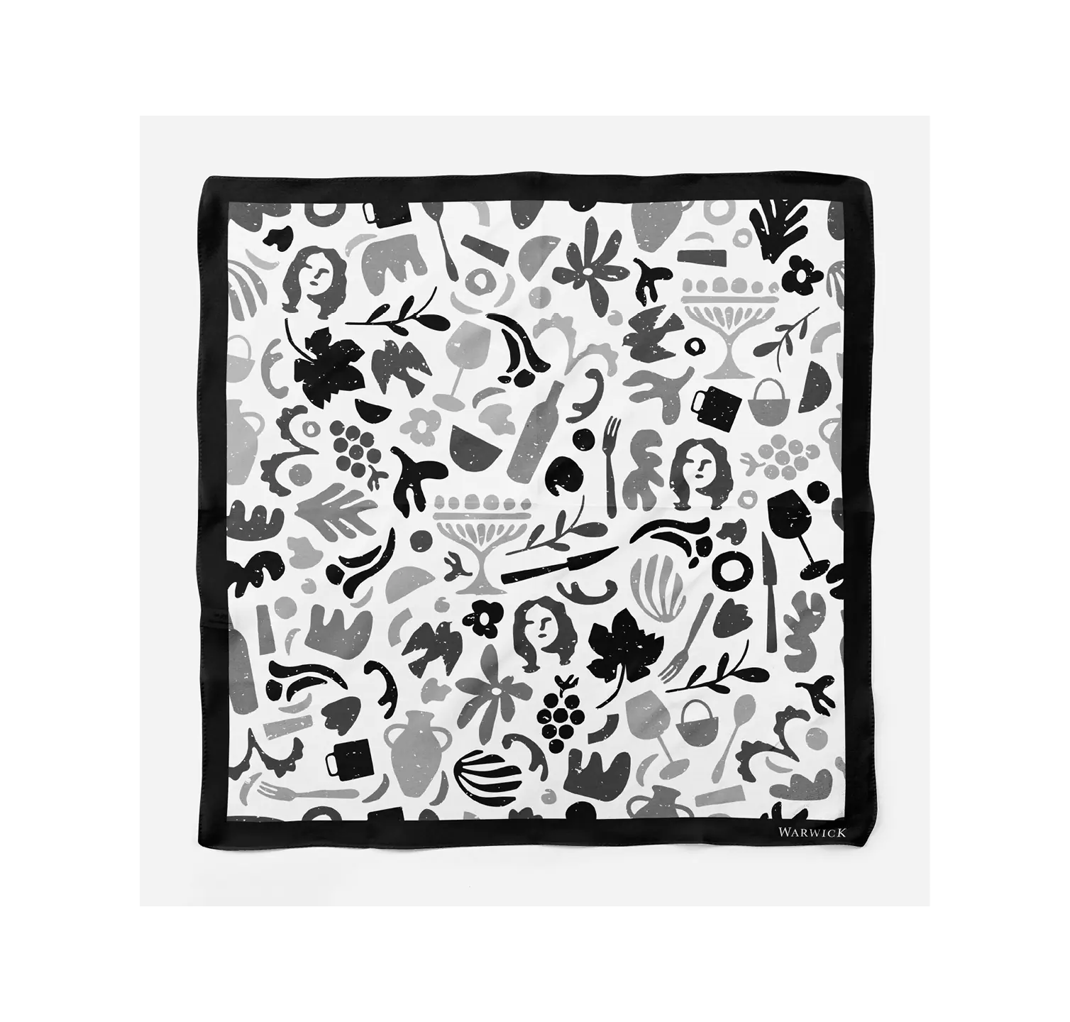 Monochrome patterned scarf displayed flat on a white background
