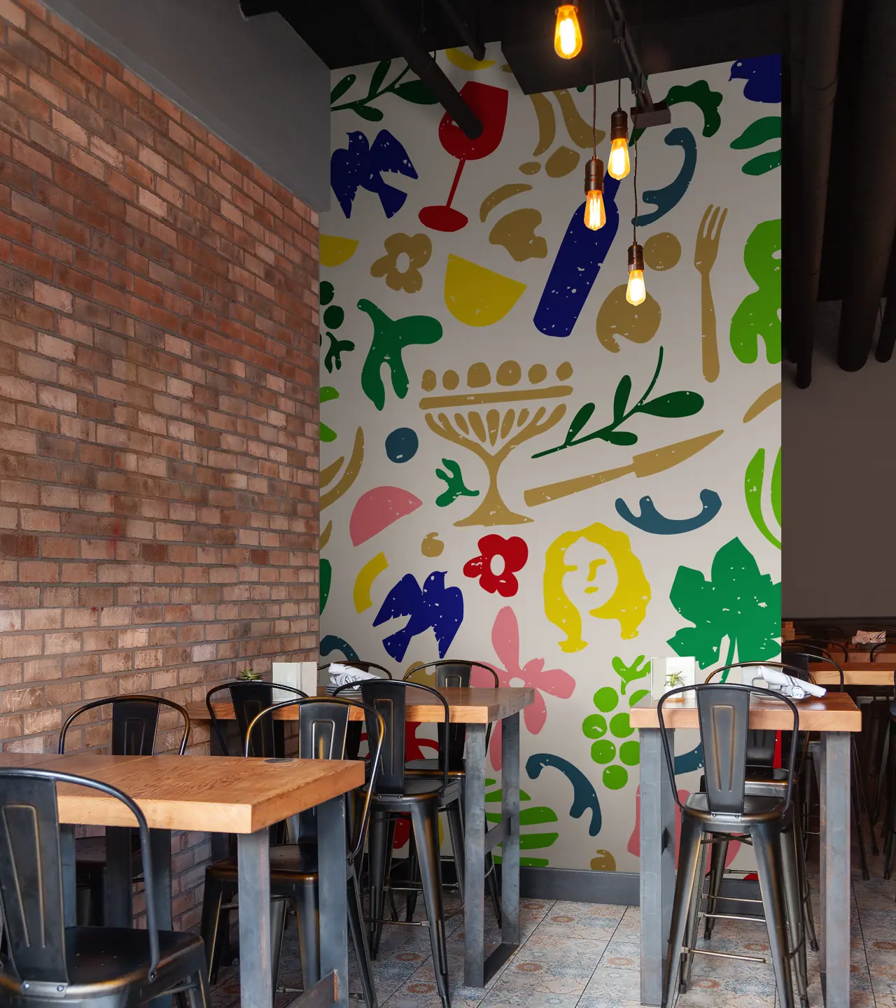 Large Colour in Craft mural bringing the colourful pattern into a restaurant interior