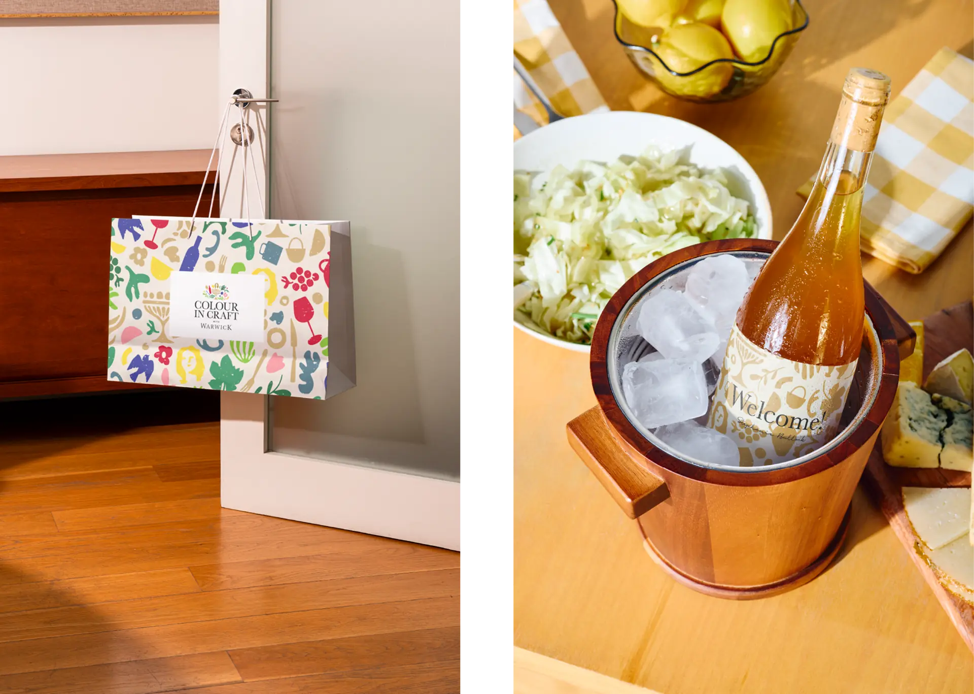 Colour in Craft gift bag beside a Warwick wine bottle arranged for a table welcome