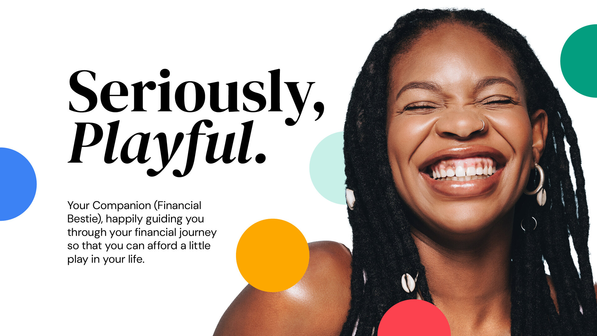 glu campaign layout with a smiling woman, a Seriously, Playful headline and colourful circular graphics