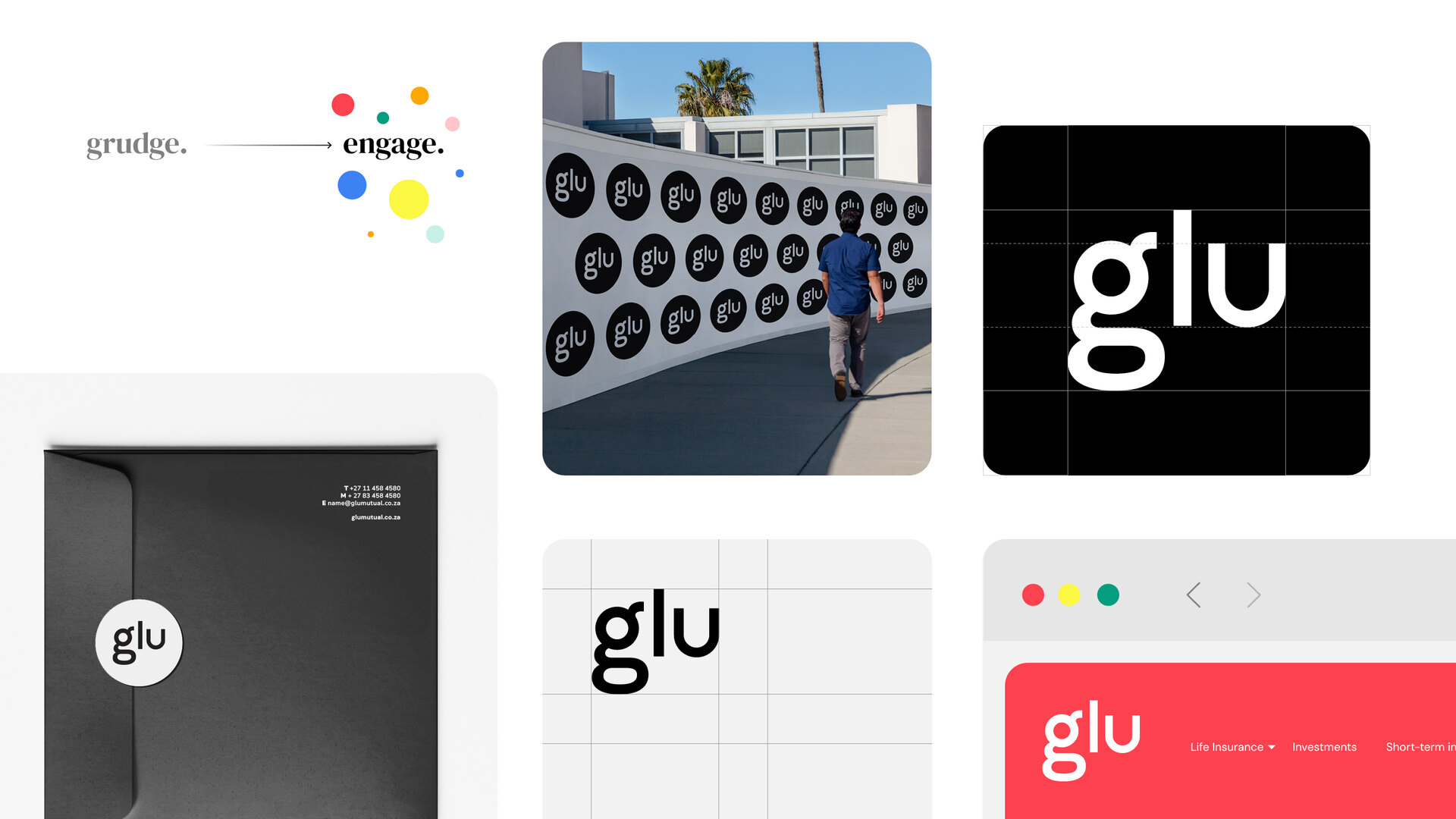 glu brand application board with the wordmark, signage, stationery and website examples