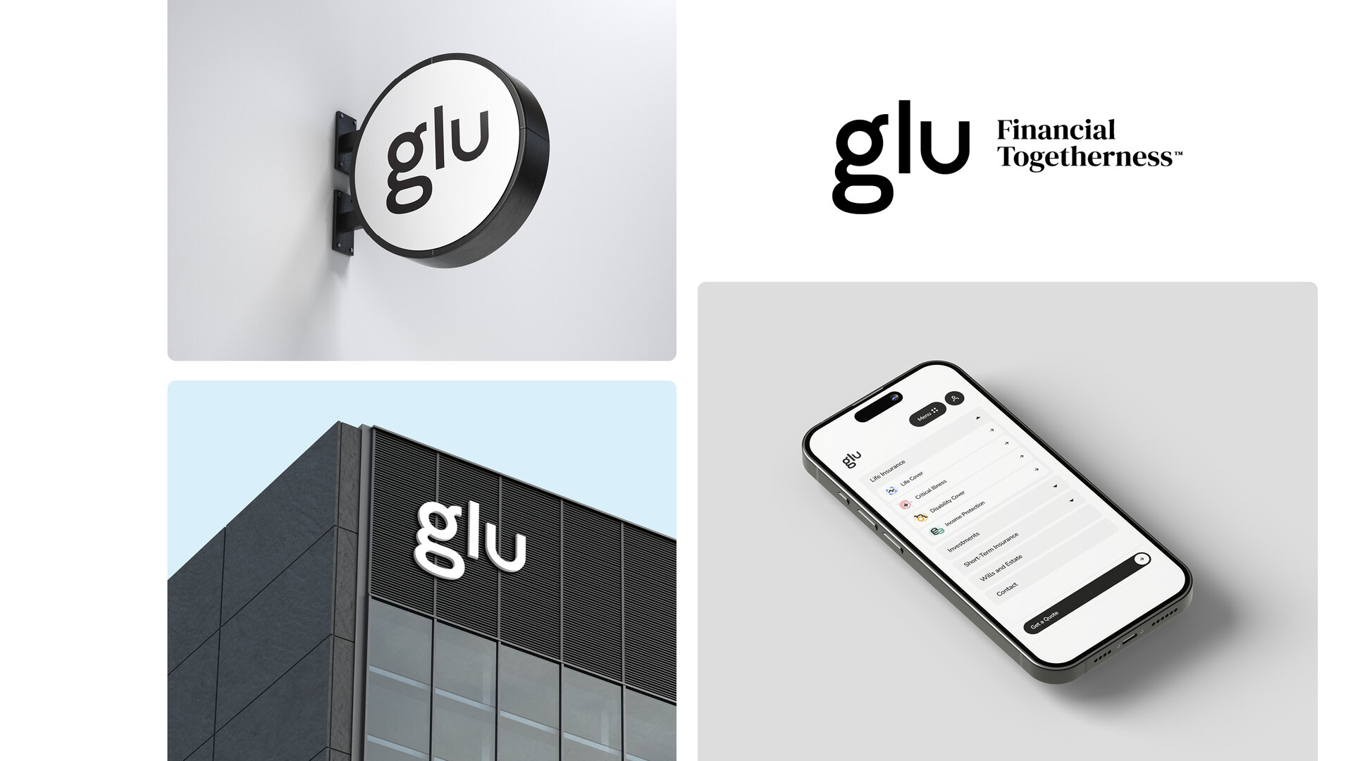 glu identity applied to building signage, a projecting sign, a phone interface and a wordmark lockup