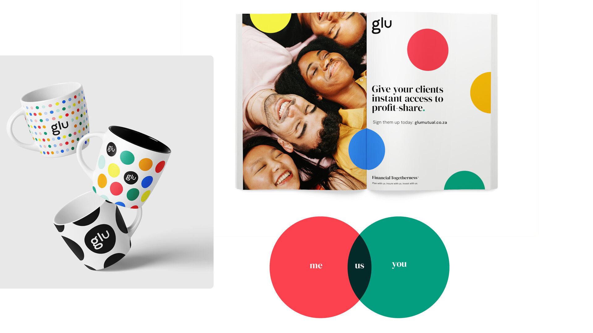 glu branded cups, a brochure, an overlapping-circle diagram and colourful graphic details