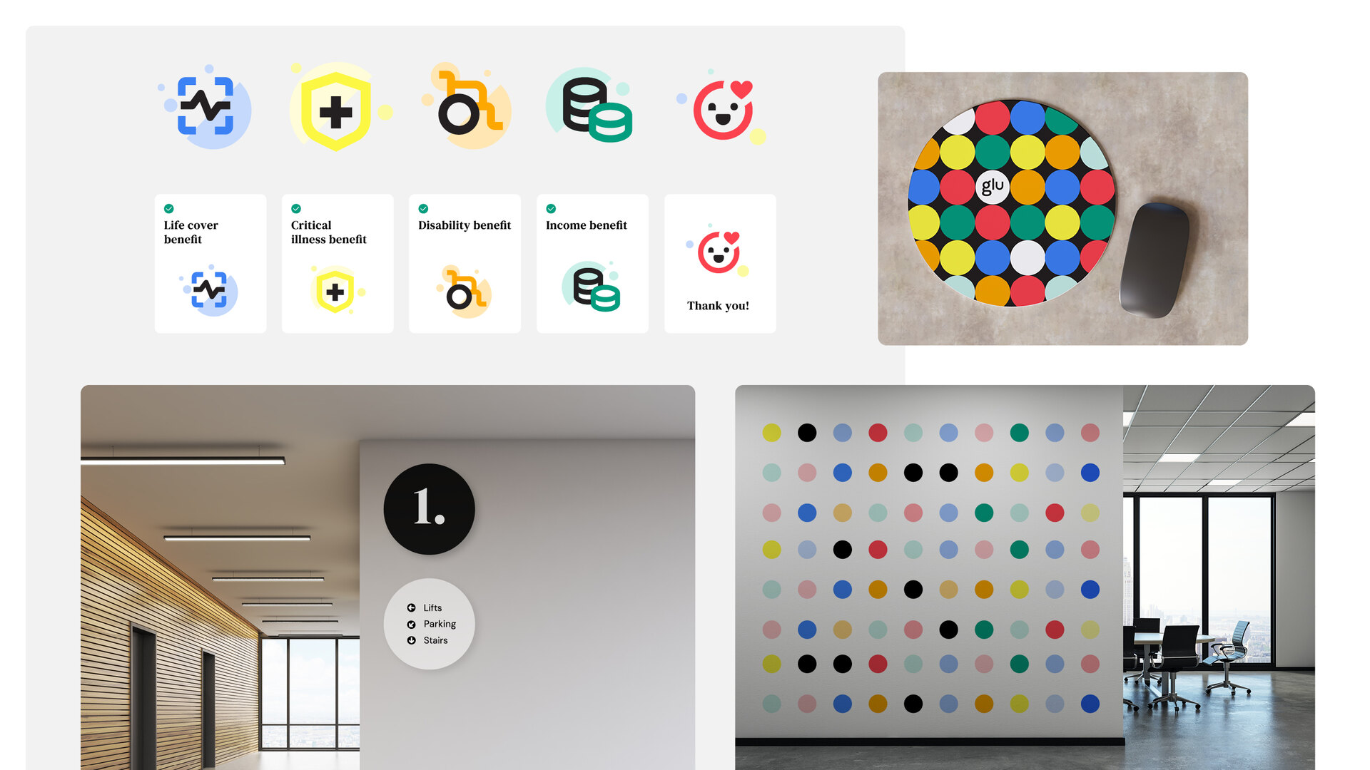 glu icon family, branded objects, wayfinding and an office wall graphic