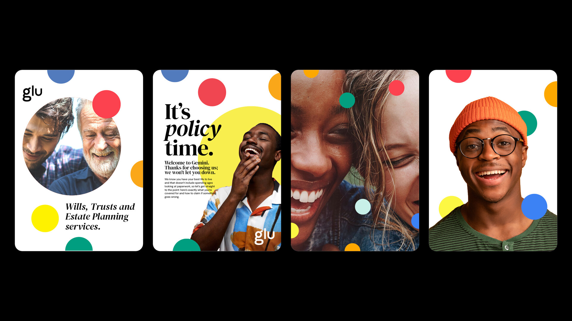 glu mobile story layouts combining portraiture, typography and graphic circles