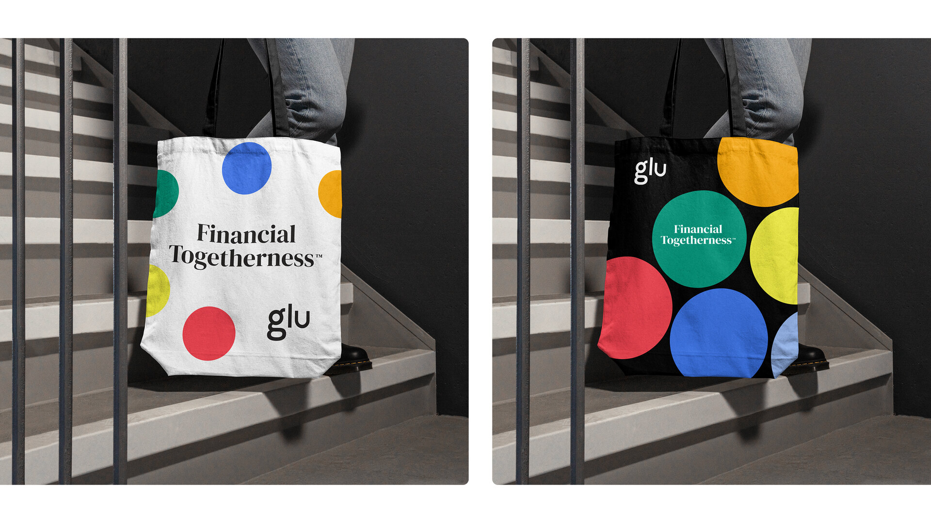 Two glu tote bags showing monochrome and colourful applications of the identity