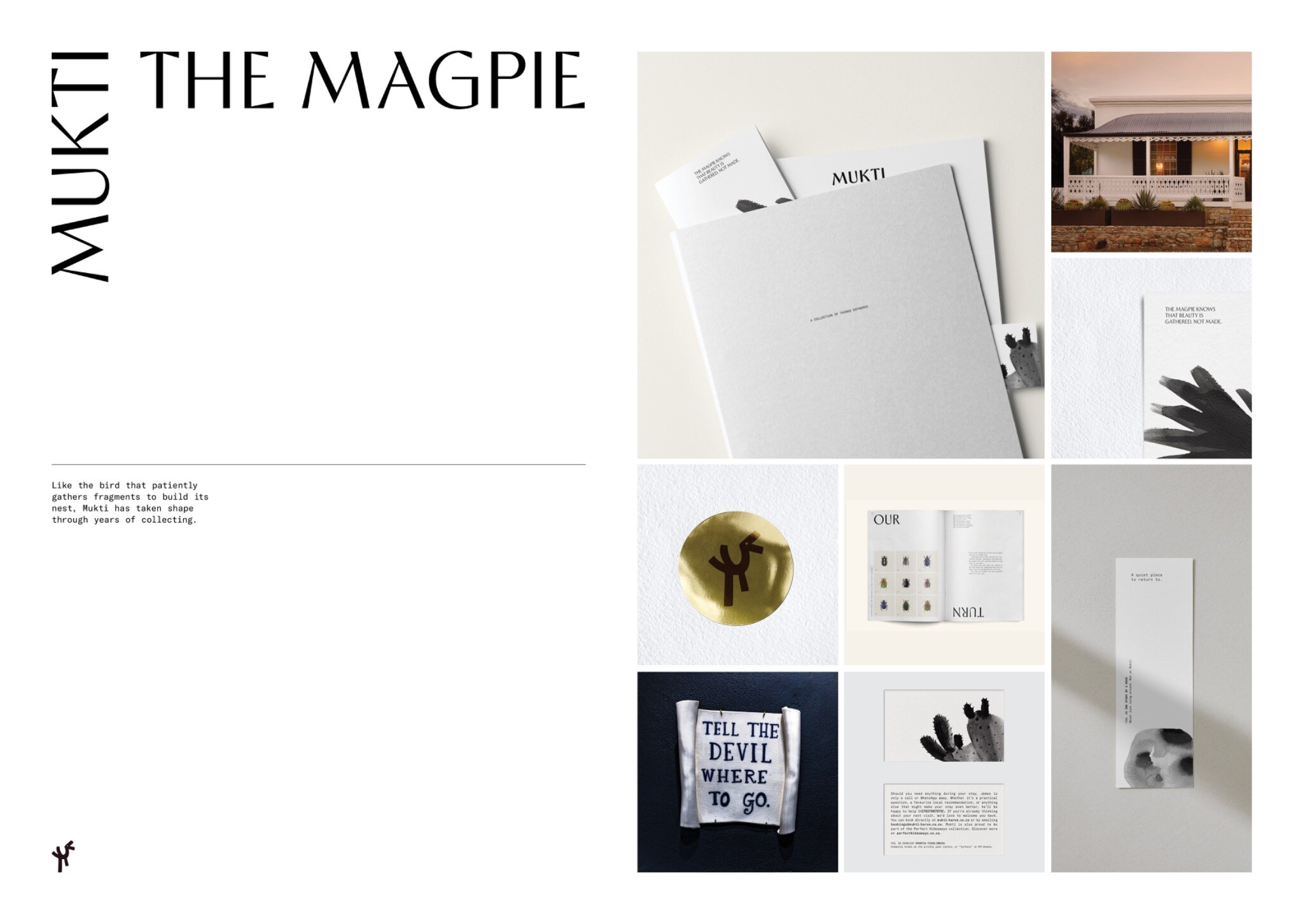Mukti editorial board showing the publication covers, restored cottage, printed collateral, tactile details and a gold seal