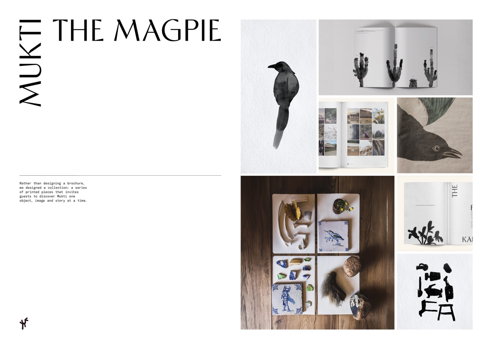 Mukti editorial board combining ink illustrations, publication spreads, gathered objects and details from the cottage