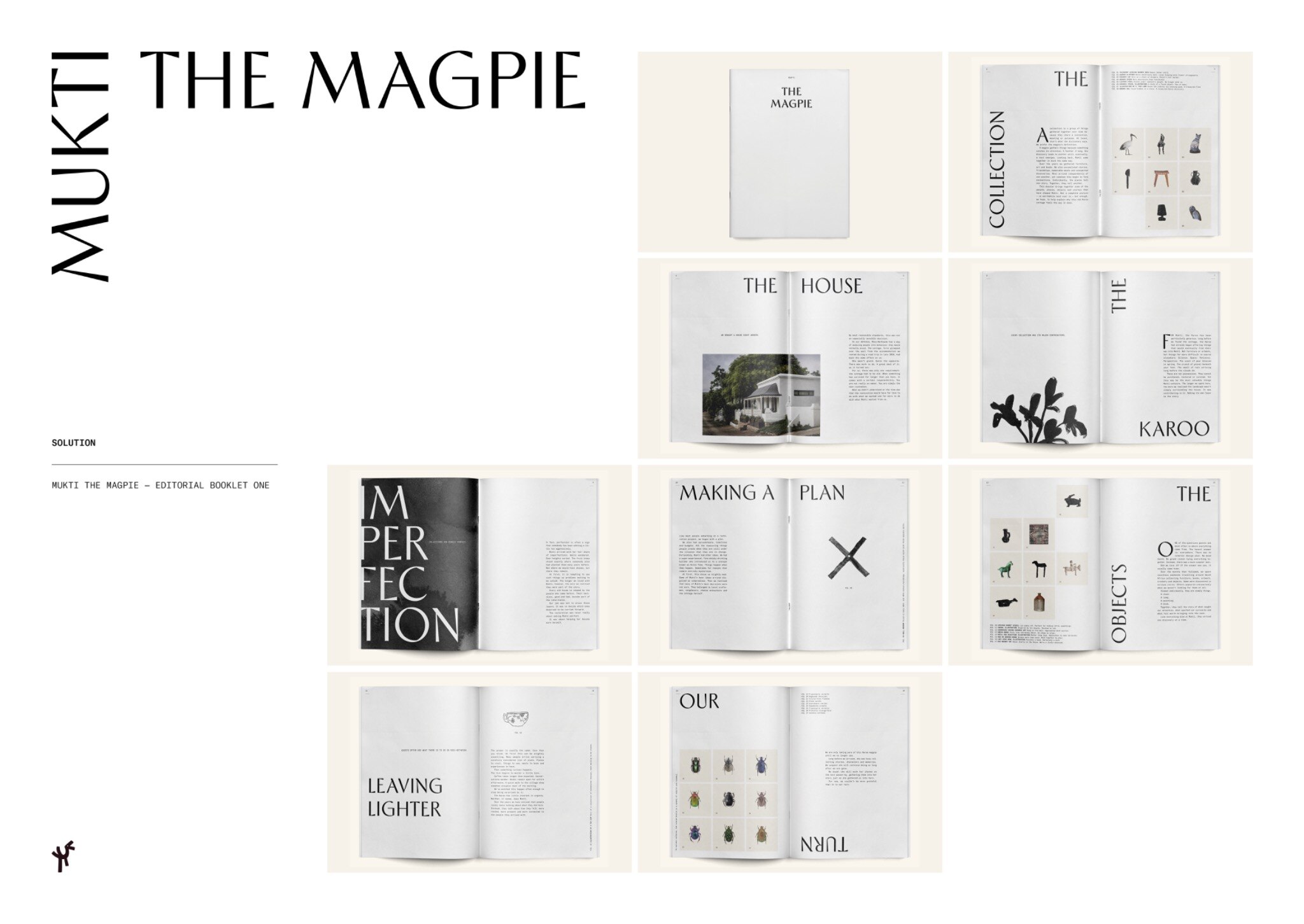 Mukti editorial board showing typographic spreads from The Magpie booklet, including house, Karoo, objects and collection pages
