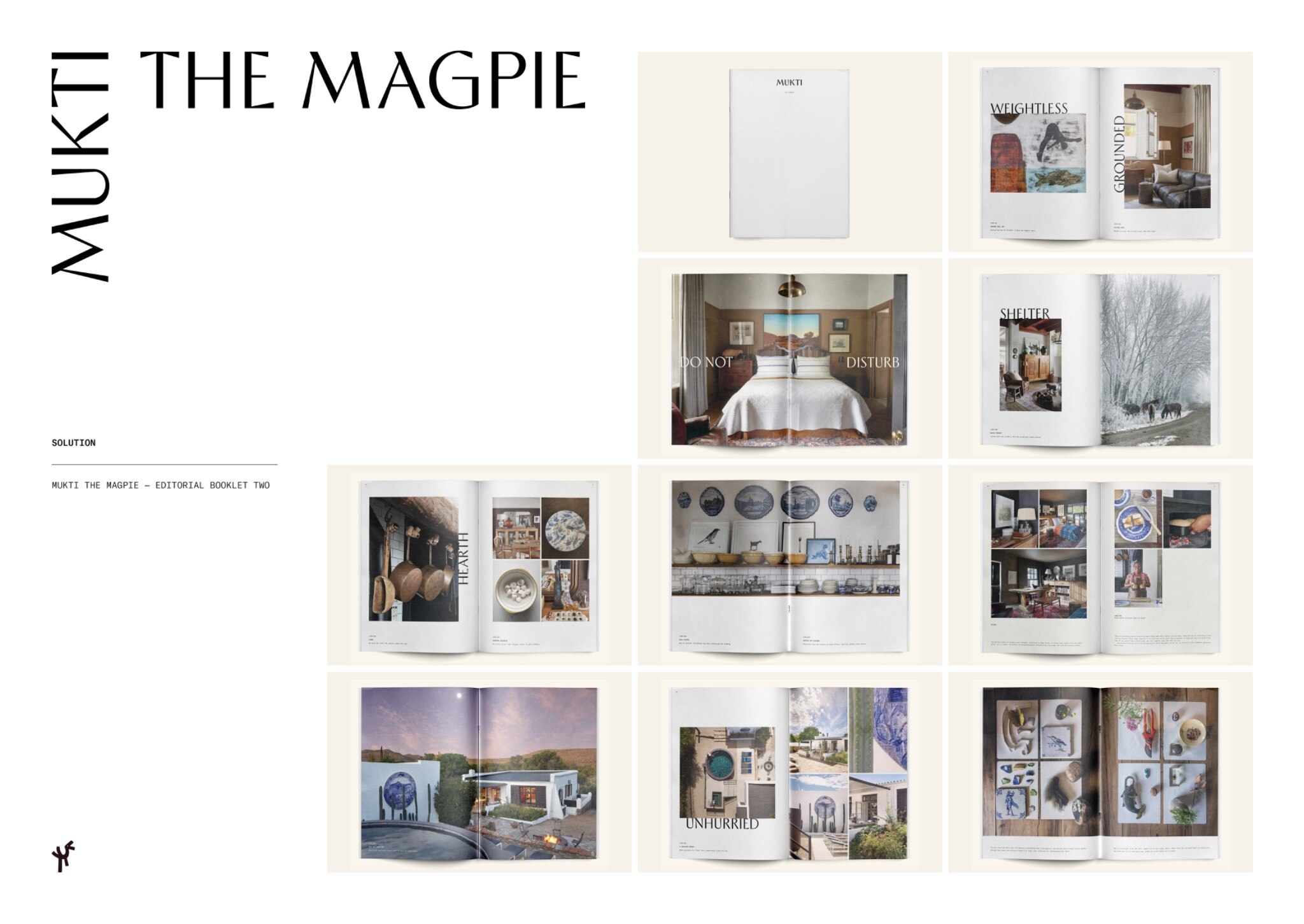 Mukti editorial board showing photographed spreads from the Mukti booklet, including interiors, objects and the cottage landscape