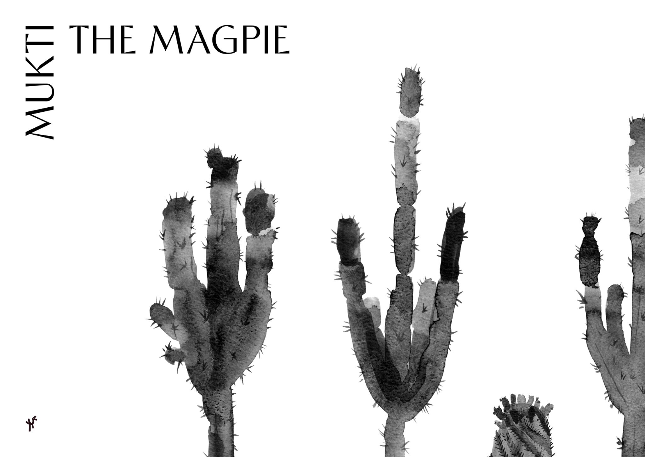 Mukti — The Magpie feature artwork with black ink cactus illustrations